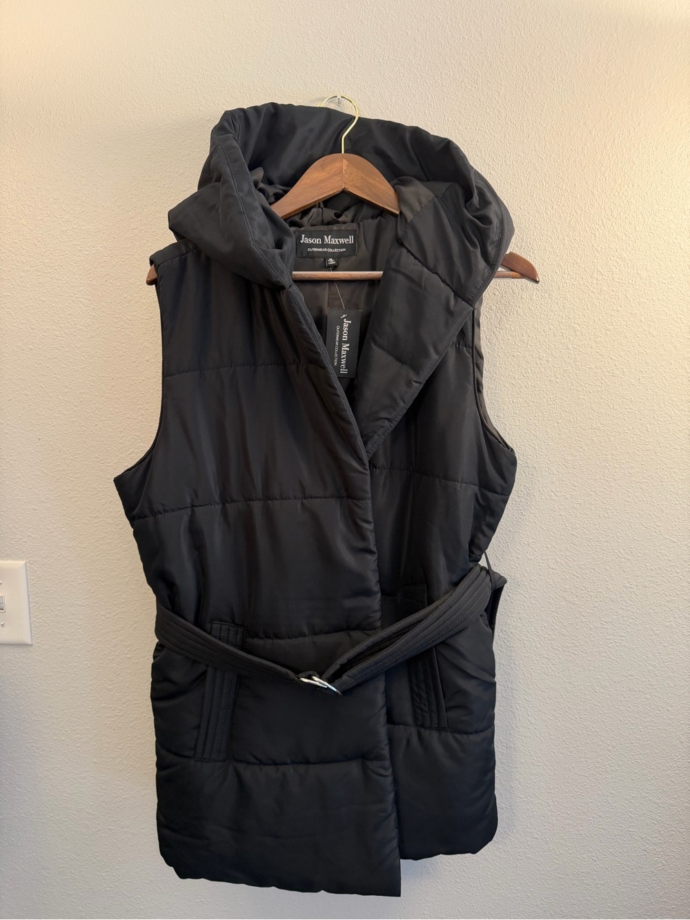Jason Maxwell Black Hooded Belted Puffer Vest